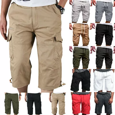 Mens Summer 3/4 Long Length Elasticated Shorts Waist Cargo Three Quarter Pants • £17.19