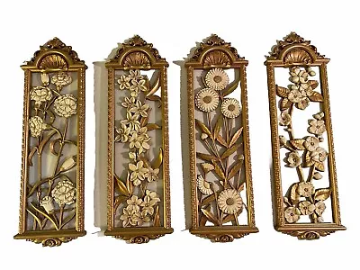 SYROCO Gold WALL PLAQUES Hangings Floral MCM Mid Century Flowers 23x7  SET OF 4 • $20.50