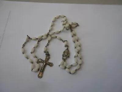 Vintage Old Rosary Prayer Beads Cross Crucifix Lourdes Silver Plated White Beads • £12