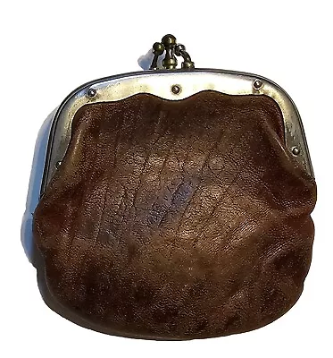 Vintage Coin Purse Genuine Soft  Leather Silver Metal DoubleKiss Lock 3  Brown • $14.40