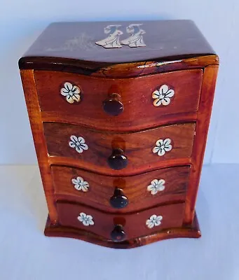 WOODEN Vintage Small Oriental Jewellery Box X4 Velvet Draws Wood Storage 15cm  • $44.94