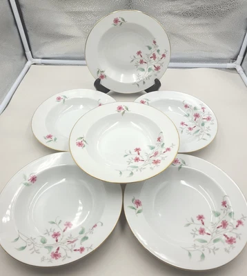 $35 • Buy 6 Eschenbach Porcelain 7 7/8  Bowls Asymmetrical Pink Trumpet Flower Gold Trim