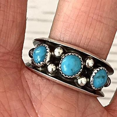 Turquoise Band Ring Sz 12.5 Navajo 5g 12mm  Sterling Mens Three Stone Dark • $89.94