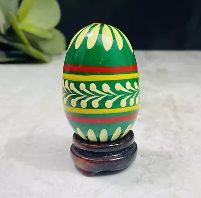 Vintage Folk Art Hand Painted Wood Egg 2.5  Black Green Yellow Floral No Stand • $14.99