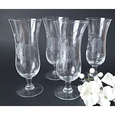 $38 • Buy 4 Hughes Cornflower Parfait Footed Etched Tumblers Wine Glasses Barware