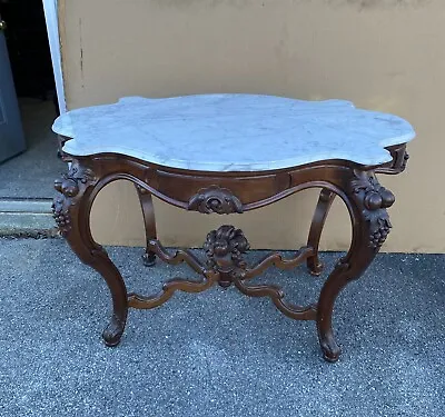 Victorian Walnut Marble Top Table With Fruit And Nut Carvings • $2295