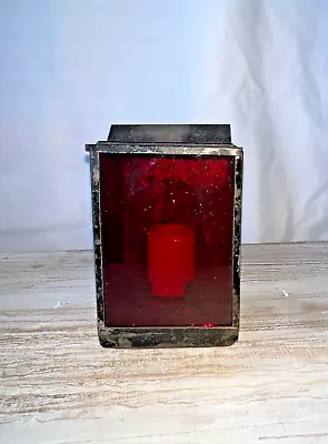 Antique Tin And Red Glass Rectangular Pocket Candle Lantern • $79.99