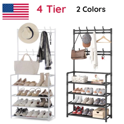 $19.99 • Buy 4 Tier Coat Rack Stand Hall Tree Shelf Shoe Bench Clothes Hanger Organizer Hook
