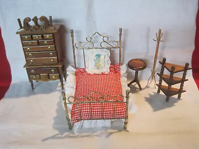 Vintage Miniature Dollhouse Dressed Brass Bed Bedroom Set 1:12 • $45