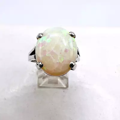 14k Vintage Natural Australian White Opal Cabochon 4k White Gold Ring • $699