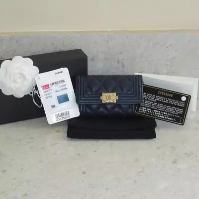 $500 • Buy 2019 Chanel Boy Blue Caviar Leather Gold Hardware  O-Card Holder Wallet