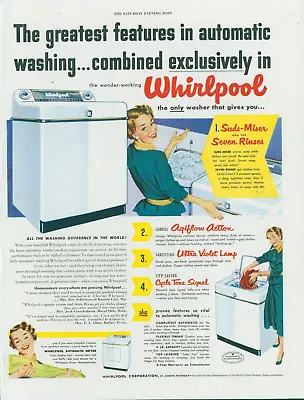 1951 Whirlpool Clothes Washer Suds Miser 7 Rinses Dryer Vintage Print Ad SP19 • $14.99