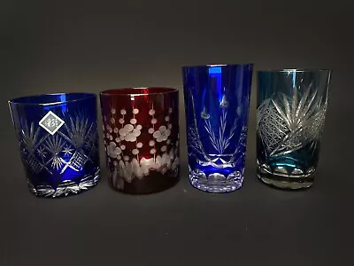 Kagami Crystal Edo Kiriko Glass/Japanese Cold Tea Cups/sake Cup/Blue Red • $29.30