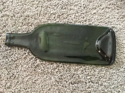 Melted Dark Green Art Glass Wine Bottle Cheese Serving Plate Tray Spoon Rest • $11