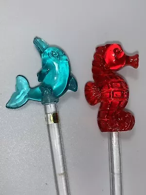 Vintage Hand Blown Glass Swizzle Sticks Pair Blue Dolphin Red Seahorse 8 Inch • $12