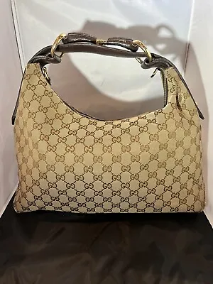 Authentic Gucci GG Monogram Canvas & Leather Horsebit Hobo Shoulder Bag Classic • $350