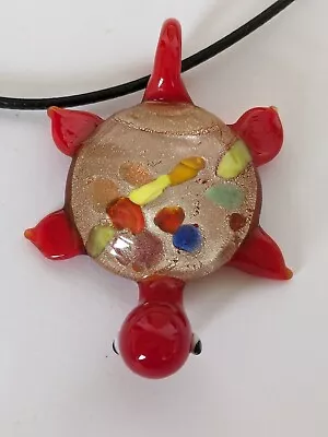 Murano Large Red Turtle Glass Pendant On Black Thong Necklace D19 • $8.21