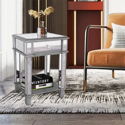 Chic Nightstand With Drawer Mirrored Bedside Table Silver End Table With Storage • $123.90