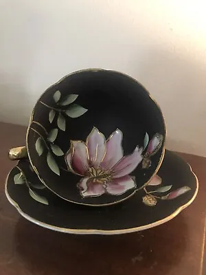 Vintage Trimont Cup & Saucer-w/gold Trim-made In Occupied Japan-black Floral • $18