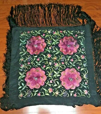 Vintage 48 X48  Black Silk Piano Shawl Embroidered Silk Floral Chrysanthemum • $187.50