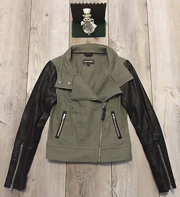 Mackage Olive Cotton Moto Jacket Lamb Leather Sleeves Size XS New Display $499 • $249.99