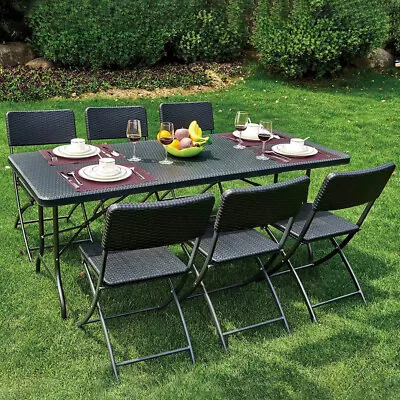 Rattan Effect Folding Picnic Beer Table&Bench Set Outdoor Garden Patio Furniture • £55.95
