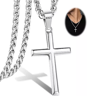 925 Sterling Silver Cross Pendant Necklace For Men Women 5Mm Stainless Steel Dia • $55.99