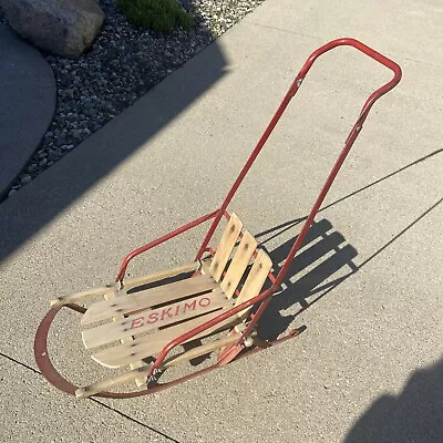 Vintage Eskimo 1950's Wooden Metal Childs Snow Sled Chair W/ Walk Behind Handle • $100