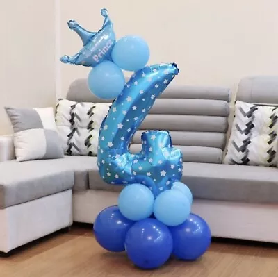 4th Birthday Boys Balloon Stand Blue Party Decorations Age 4 Kids Prince 13 Pcs • £6.39