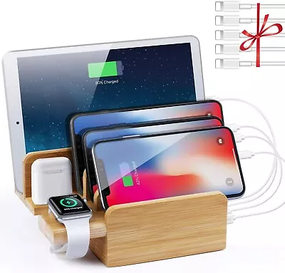 6 In 1 Bamboo Charging Station For Apple Devices 40W USB With 5 Apple USB Cables • $29.99