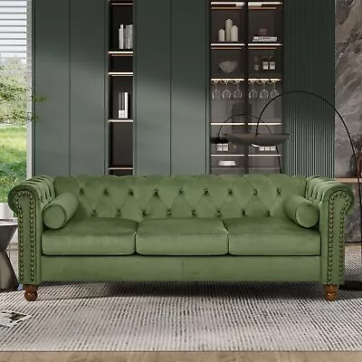 Three-seat Sofa Velvet Sofa Couch With Tufted Back Cushion Sofa With Wood Legs • $509.99