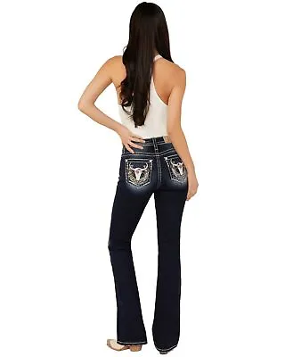 Miss Me Women's Dark Wash Mid Rise Longhorn Skull And Horseshoe Pocket Bootcut • $114