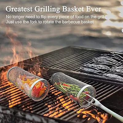 Stainless Steel Wire Mesh Cylinder BBQ Rolling Grill BasketCamping Barbecue • $15.57