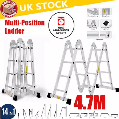 4.7M Multi Purpose Foldable Extension Ladder Multifunction Ladder 16STEP Silver • £97.97