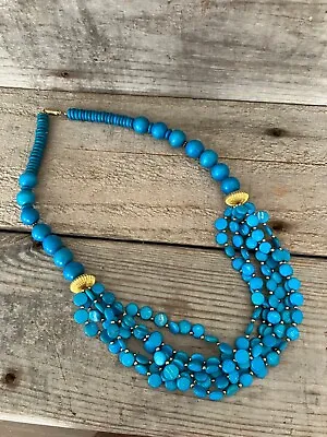 Vintage Turquoise Blue & Gold Beaded Long Multi Strand Necklace   26  • $3.99