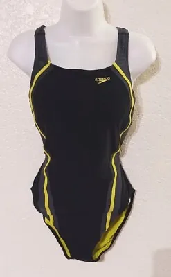 SPEEDO*Black Gray Yellow Competition Swimsuit*Size 10*bra Inserts*Lined*T-back • $18.41