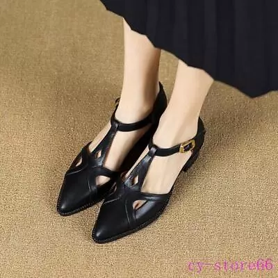 Women's T Strap Bar Pointy TOe Leather Shoes Mid Chunky Heel  Cut Out OL Court • $82.79