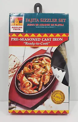 Mexican Fiesta Fajita Sizzler Set Pre-seasoned Cast Iron With Wooden Trivet • $22.99