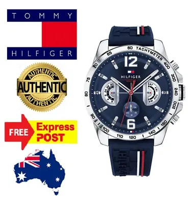 New Tommy Hilfiger  Decker  Th1791476 Blue/silver/red Chronograph Mens Watch • $239.99