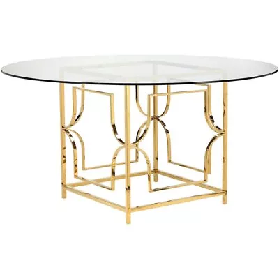 Pangea Home Edward Metal Round Dining Table With Glass In Polished Gold • $1274.96