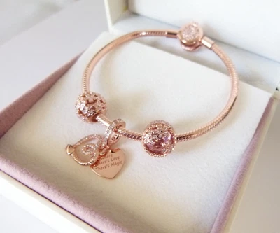 $189 • Buy Genuine Rose Gold PANDORA Bracelet With Heart Charm & Flower Beads-R. Gold PROMO