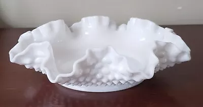 Vintage Fenton White Milk Glass Hobnail Candy Dish Bowl Ruffled Edge Crimped 8  • $19