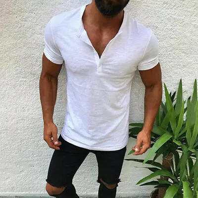$15.48 • Buy Men Slim Fit V Neck Short Sleeve Muscle Tee Top T-shirt Henley Casual Tee Shirts