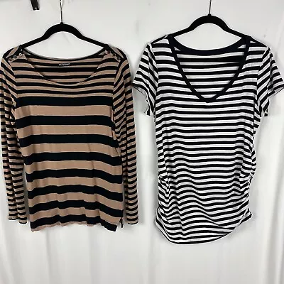 Motherhood Maternity Top Shirt LOT Of 2 Size Large Black/Beige/White Striped • $15.19