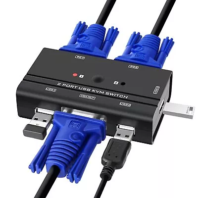 VGA USB KVM Switch 2 Port VGA KVM Switcher Selector With Cables For 2PC Shar... • $24.95