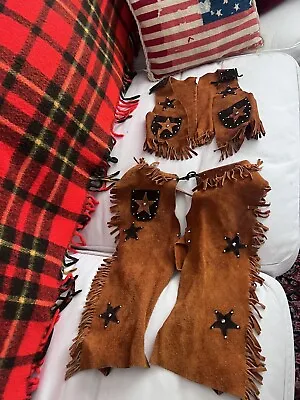 Childrens Cowboy Suede Leather Vest & Chaps Western Wear Conchos Size 3-4 • $24.75