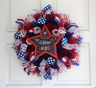 Patriotic Mesh Wreath God Bless America Door Decor • $45