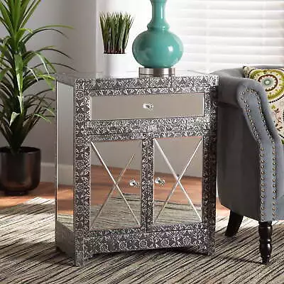 Luxe Silver Finished Metal And Mirrored Glass 1-Drawer Sideboard Buffet • $222.43