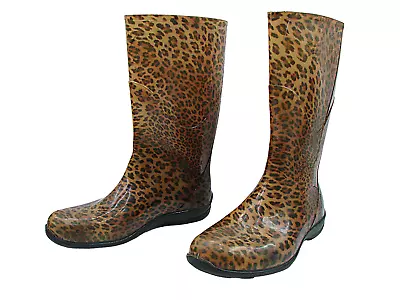 J.Crew Womens Brown Leopard Print Mid Calf Pull On Rain Snow Winter Boots Size 9 • $35.97