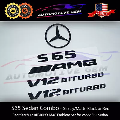 S65 SEDAN AMG V12 BITURBO Rear Star Emblem Black Badge Combo Set Mercedes W222 • $64.39